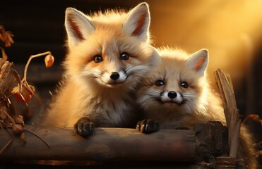 Fototapeta premium Two cute foxes, one adult and one young kit, posing together with playful expressions in a natural, sunlit environment, exuding warmth and charm.