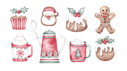 Christmas sweets clip art. Merry Christmas  illustrations. Hand drawn with watercolor. Christmas card design. Christmas bakery collection