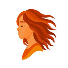 Das Bild zeigt den Kopf eines Mädchens mit langen, wehenden Haaren in warmen Rot- und Orangetönen. Der Gesichtsausdruck ist ruhig, die Augen sind geschlossen
