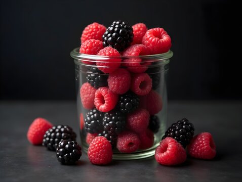 Freshly picked raspberries and blackberries in a glass jar, showcasing vibrant colors against a dark background