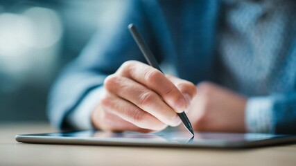 Close-up shot of a person in a suit signing a document on a tablet with a digital pen, emphasizing business formality and modern tech integration in contract execution.