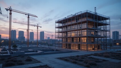 Modern Urban Construction with Steel Framework and Cranes at Sunset in a City Landscape
