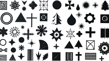 Variety of Black and White Geometric Shapes and Symbols Pattern Background Graphic.