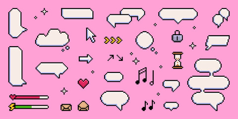 Pixel art speech bubble collection on pink background - retro game dialog boxes, chat balloons, message clouds with arrows, hearts, music notes, hourglass icons. 8 bit style communication elements.