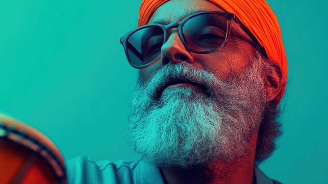 An elderly man dressed in a bright orange turban and dark sunglasses radiates serenity and wisdom, sitting against a cool teal background, combining tradition with modern style.