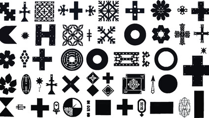 A Collection of Distressed Black and White Geometric Shapes and Symbols on White.