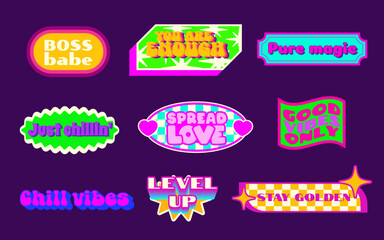 Plakat Trendy y2k sticker collection with phrases and retro shape designs. Vibrant neon colors, star bursts and checkered patterns borders. 90s aesthetic labels with bold typography for nostalgic decoration.
