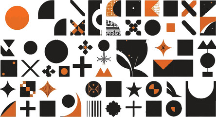 Geometric Abstraction: Orange and Black Shapes in a Graphic Composition on White