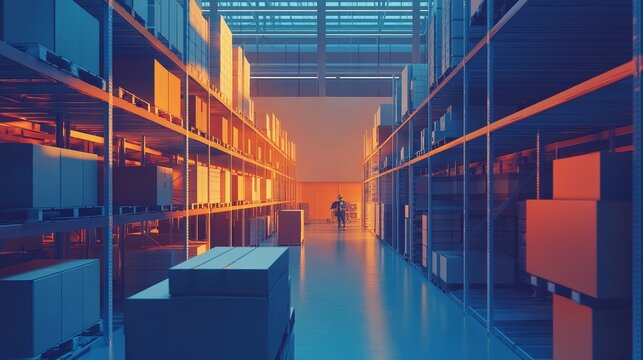 Stock-style image of a modern logistics facility for ecommerce businesses. Include warehouse shelves, inventory management, workers processing orders, and delivery vehicles for last-mile delivery. Emp