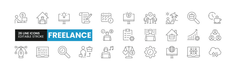 Set of 26 Freelance line icons set. Freelance outline icons with editable stroke collection. Includes Freelancer, Work From Home, Productivity, Graphic Designer, Work-Life Balance, and More.