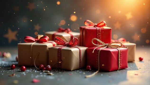 Several gifts tied with twine, bathed in warm light , warm, glow, textures