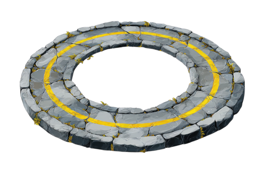 Circular, cracked stone path with yellow lines, forming a ring - Powered by Adobe