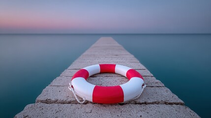Naklejka premium Minimalist sunset view with a lifebuoy on a stone pier beside tranquil waters. World Drowning Prevention Day