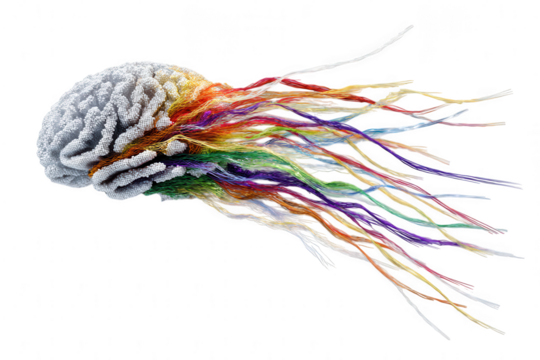 Abstract brain with colorful neural connections isolated on transparent background - Powered by Adobe