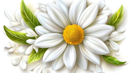 Detailed Close-Up of a Beautiful White Daisy Flower with Yellow Center and Green Leaves