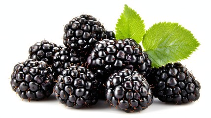 A Bunch of Fresh Blackberries with Green Leaves on a White Background