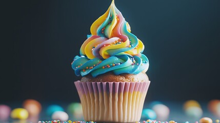 Colorful Frosted Cupcake with Swirling Blue, Pink, and Yellow Icing Surrounded by Sprinkles