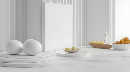 Minimalist Interior Scene with White Objects and Fresh Fruits on a Table in Modern Home