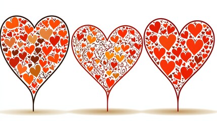 Decorative Heart Shapes Filled With Smaller Hearts in Shades of Red on a White Background