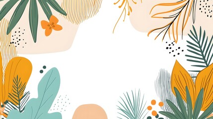 Colorful Tropical Botanical Background with Leaves and Flowers in an Artistic Composition