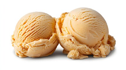 Two Scoops of Creamy Yellow Ice Cream Served on a White Background with Textured Swirls