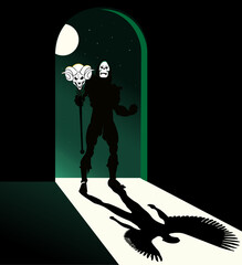 scary skeleton creature in the dark of night but its shadow is angel