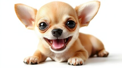 Playful Chihuahua Puppy Smiling Cheerfully with Big Eyes and Perky Ears on White Background