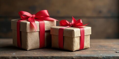 Obraz premium Timeworn gift boxes tied with silk, aged wood backdrop, wooden, bow