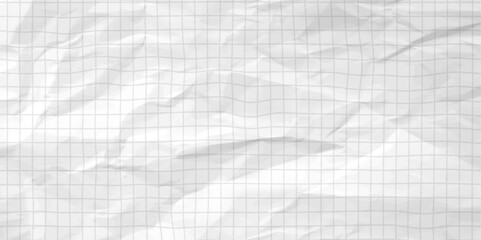 Crumpled white paper sheet with check grid lines overlay - wrinkled notebook page with mathematical graph squares, folded texture on checkered surface for school homework or office calculations.