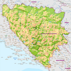 Detailed physical map of Bosnia and Herzegovina