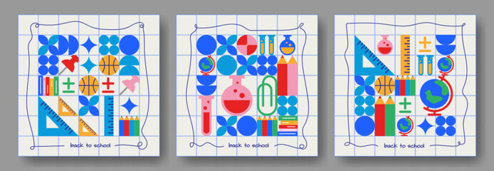 Geometric study pattern on grid paper - abstract educational shapes and school elements arranged in modern mosaic composition. Mathematics and chemistry symbols with learning tools for student design