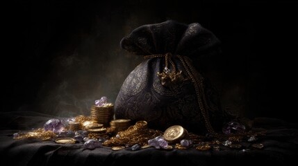 Luxurious Baroque Pouch Overflowing with Gold Coins and Precious Jewels for Elegant Decor