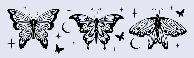Y2K butterfly tattoo designs with celestial elements - black silhouettes with detailed wings, stars and moon symbols. Retro gothic aesthetic collection for body art, nostalgic fashion graphics.