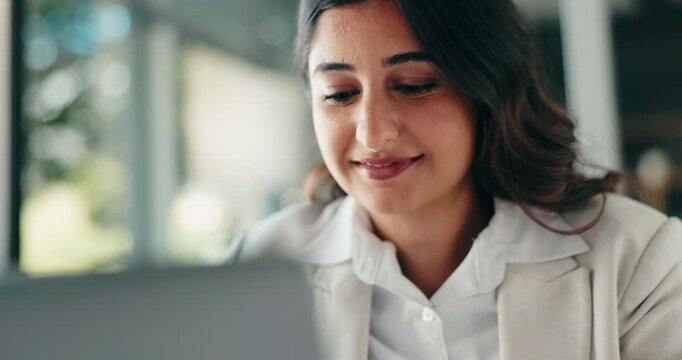 Business, woman or reading on laptop in office for blog research, creative inspiration or editing. Media agency, writer or happy with editor feedback, proofreading and article insight for publication