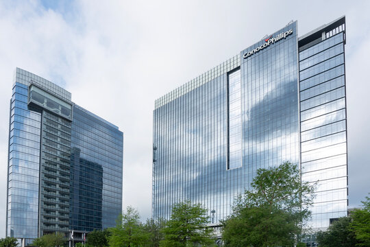 Houston, TX, USA - Apr 18, 2025: Exterior view of the ConocoPhillips headquarters in Houston, Texas. ConocoPhillips is a publicly traded, global energy company.