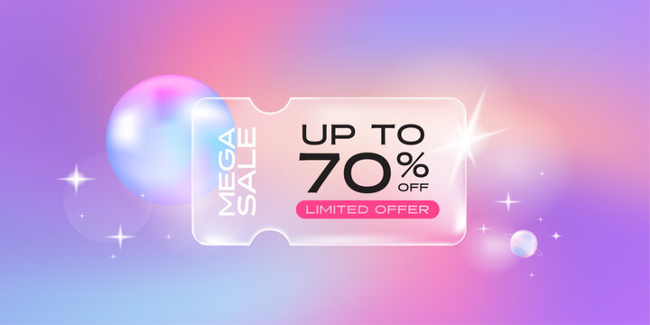 Transparency glass coupon label with balloon and pastel gradient background. Discount offer tag with shiny, glossy, reflective surface.