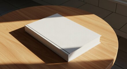Blank canvas Book awaits authors magic on wood table in sunlit cafe.