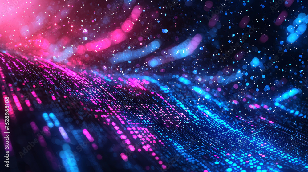 Poster colorful abstract flow of binary digits, representing futuristic tech, ai, and data science themes