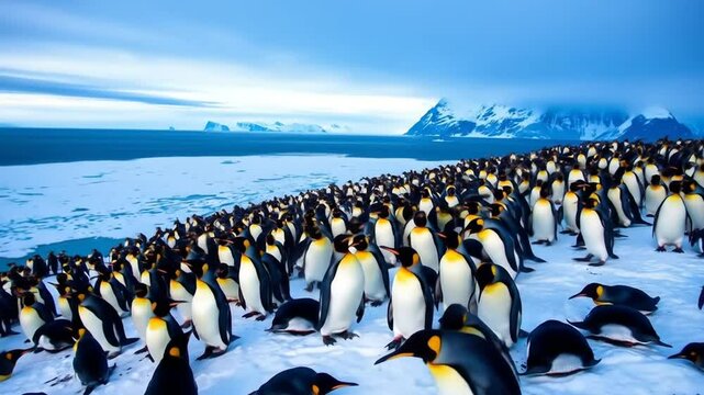 Gentoo penguin colony in the South Pole, Antarctic Peninsula. A large group of wild animals resting on a snowy hill, cold sea and mountains in the background. 4k video