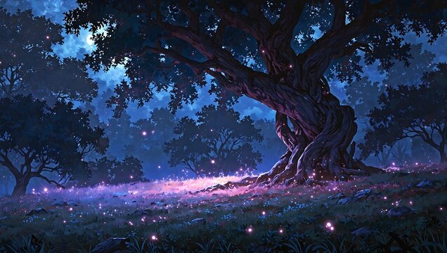 Mystical night forest, glowing lights, anime landscape
