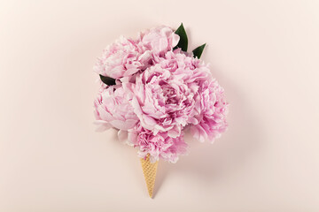 Pink Peony Ice Cream Cone on Soft Pastel Background