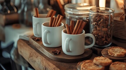 Warm drinks station with cinnamon sticks and mugs .