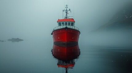 A striking red boat emerges from a thick fog on still waters, creating an atmosphere of mystery and intrigue, reflecting the beauty of nature's unpredictable moods.