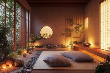 A home office with a meditation corner, featuring soft lighting, a zen garden, and calming nature sounds