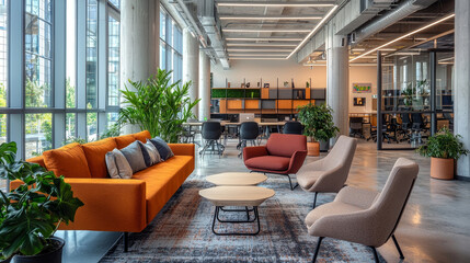 Fototapeta premium Modern office lounge with stylish furniture, well-lit interior, and cozy seating areas ideal for collaborative work and relaxation