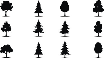 Silhouette Collection of Diverse Tree Varieties on a White Background for Graphic Design.