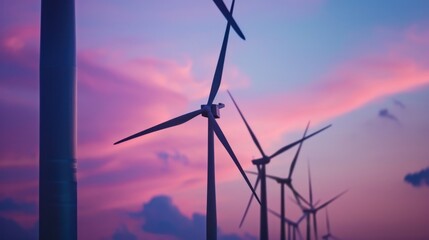 Fototapeta premium Silhouetted wind turbines at sunset, vibrant pink and purple sky