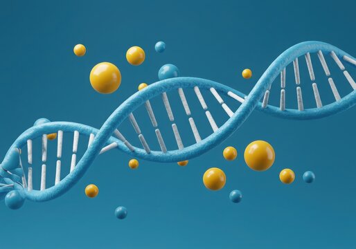 Dna strand with floating spheres on blue background