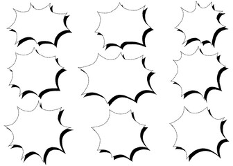 トゲトゲの吹き出しセット、手書き、ポップなデザイン、影付き、モノクロ