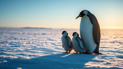 Obraz premium A majestic emperor penguin stands tall with two fluffy chicks on a snowy field.